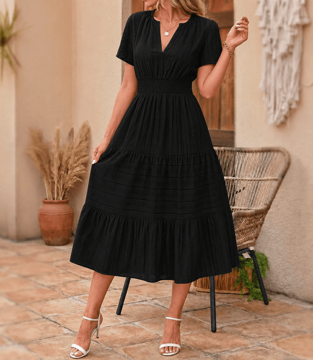 Women's Summer Midi Dress with Tiered Skirt and Pockets