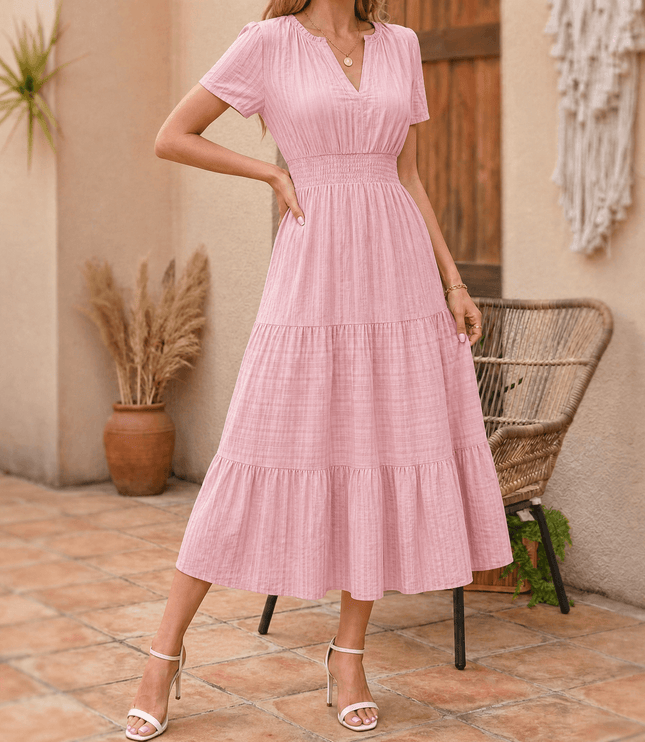 Women's Summer Midi Dress with Tiered Skirt and Pockets