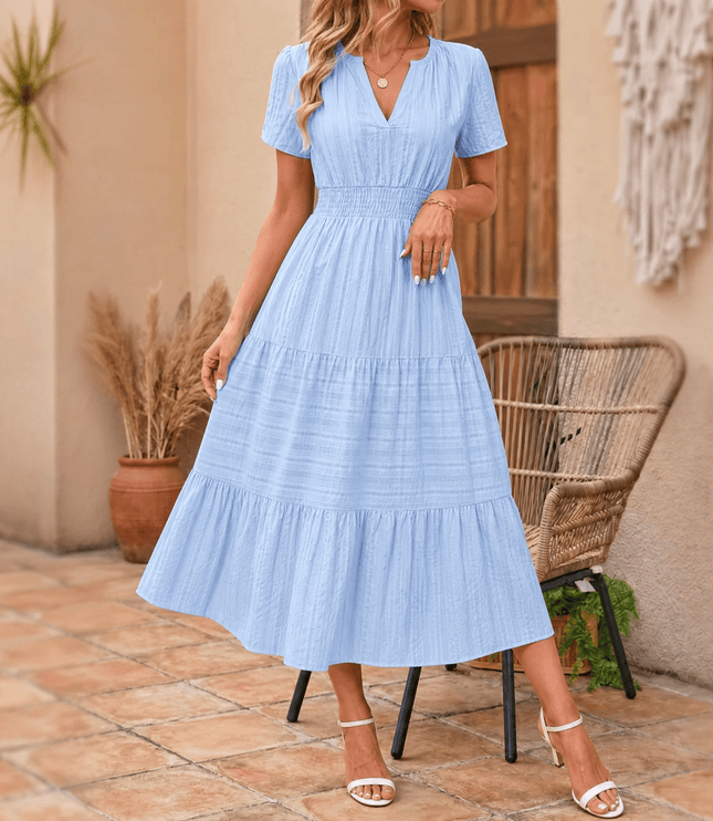 Women's Summer Midi Dress with Tiered Skirt and Pockets