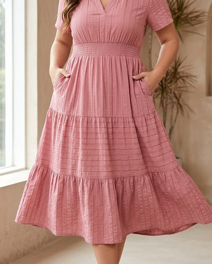 Women's Summer Midi Dress with Tiered Skirt and Pockets