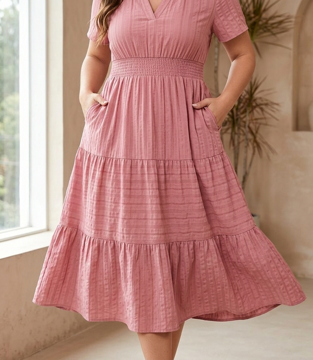 Women's Summer Midi Dress with Tiered Skirt and Pockets