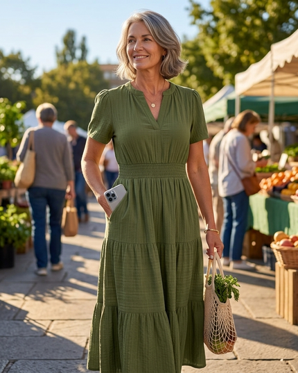 Women's Summer Midi Dress with Tiered Skirt and Pockets
