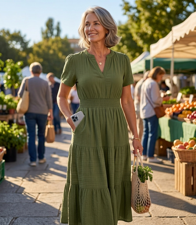 Women's Summer Midi Dress with Tiered Skirt and Pockets