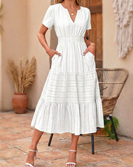 Women's Summer Midi Dress with Tiered Skirt and Pockets