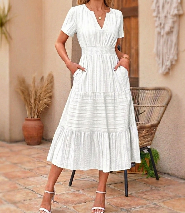 Women's Summer Midi Dress with Tiered Skirt and Pockets
