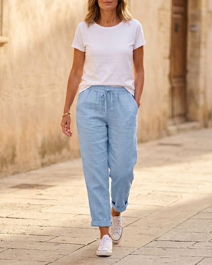 Women's Summer Pants with Drawstring Waist and Cropped Hem