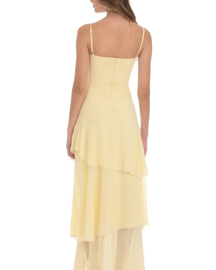 Back view of women sweetheart spaghetti strap layered maxi dress showing open back and layered chiffon skirt