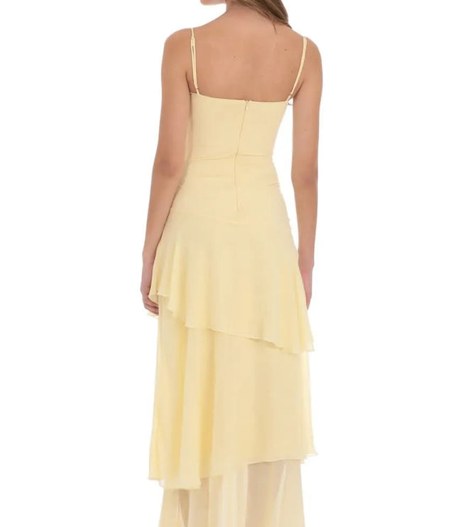Back view of women sweetheart spaghetti strap layered maxi dress showing open back and layered chiffon skirt