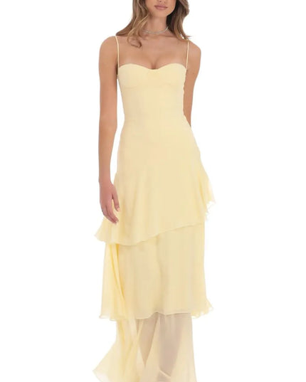 Women sweetheart spaghetti strap layered maxi dress in pale yellow, front view with tiered chiffon skirt