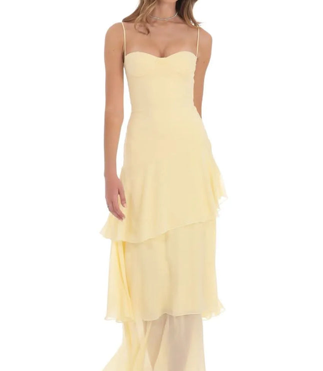 Women sweetheart spaghetti strap layered maxi dress in pale yellow, front view with tiered chiffon skirt