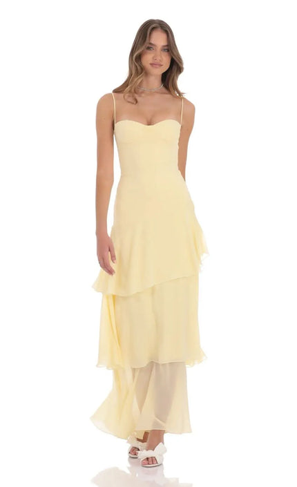 Women sweetheart spaghetti strap layered maxi dress in pale yellow, front view with tiered chiffon skirt