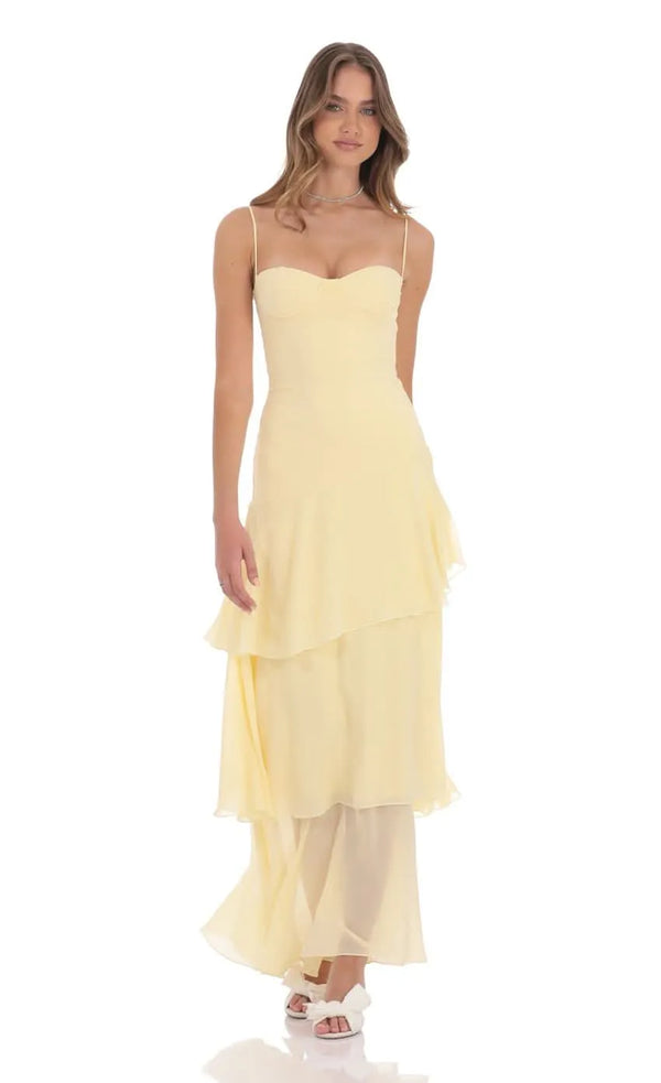 Women sweetheart spaghetti strap layered maxi dress in pale yellow, front view with tiered chiffon skirt