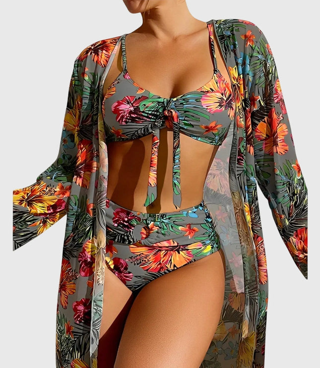 Gray tropical floral bikini set with ruched bikini top and high-waist bottoms with flowing cover-up