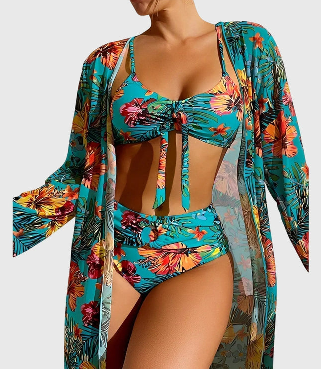 Teal tropical floral bikini set with ruched top, high-waist bottoms, and matching cover-up robe