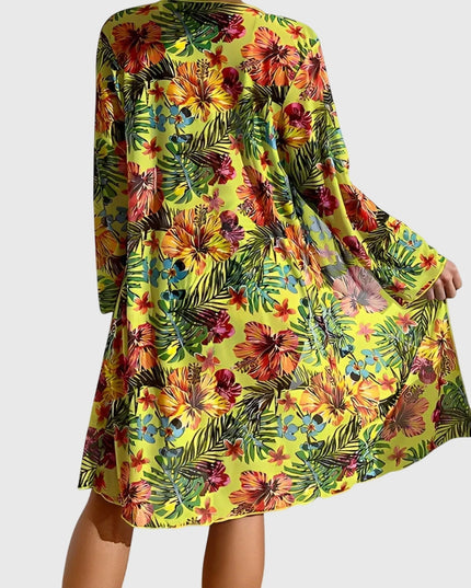 Yellow tropical floral long-sleeve cover-up robe with full skirt and multicolor flower print