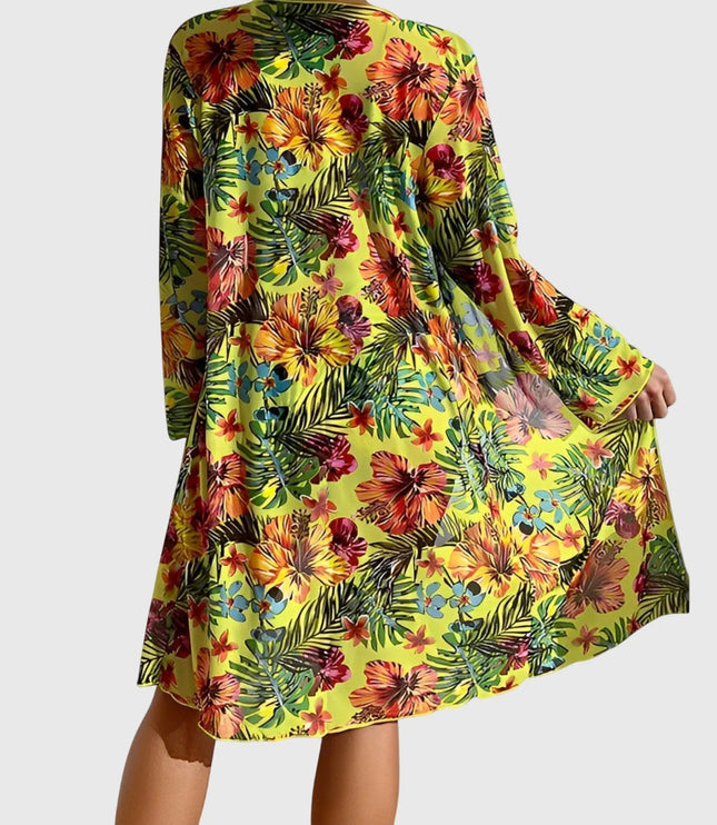 Yellow tropical floral long-sleeve cover-up robe with full skirt and multicolor flower print