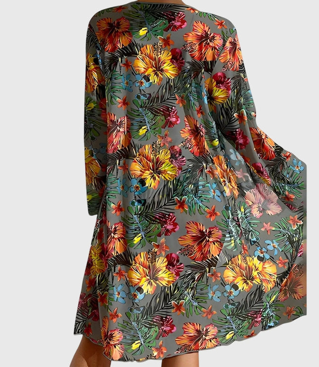 Gray tropical floral cover-up robe back view with long sleeves and A-line silhouette