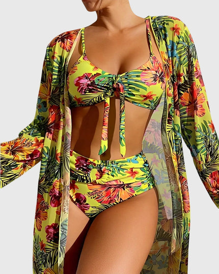 Yellow tropical floral bikini top with ruched center and matching high-waist bottoms with cover-up robe