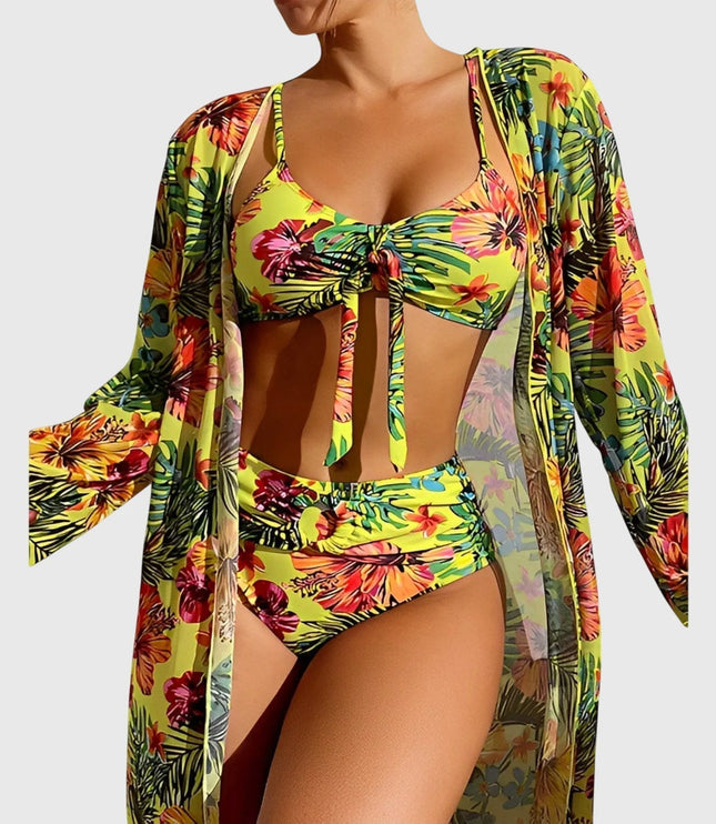 Yellow tropical floral bikini top with ruched center and matching high-waist bottoms with cover-up robe