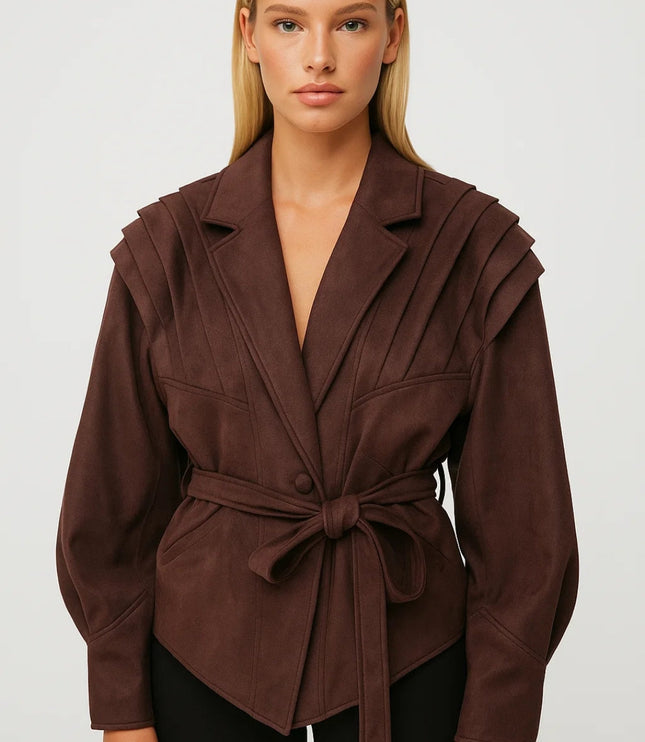 Women's Tailored Blazer Jacket with Pleated Shoulders