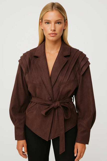 Women's Tailored Blazer Jacket with Pleated Shoulders