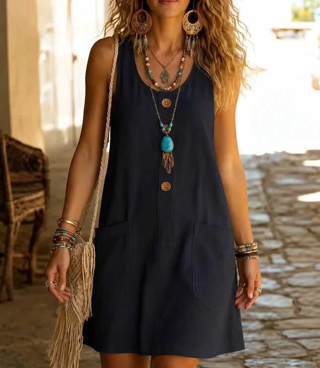 Women's Tank Dress with a Button Front and Deep Pockets