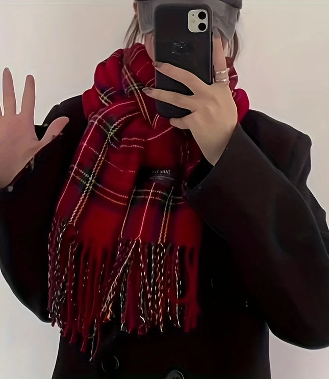 Women's Tartan Plaid Fringed Wrap Scarf
