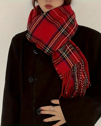 Women's Tartan Plaid Fringed Wrap Scarf