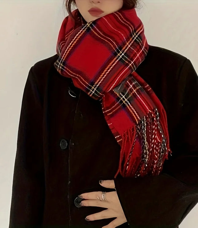 Women's Tartan Plaid Fringed Wrap Scarf