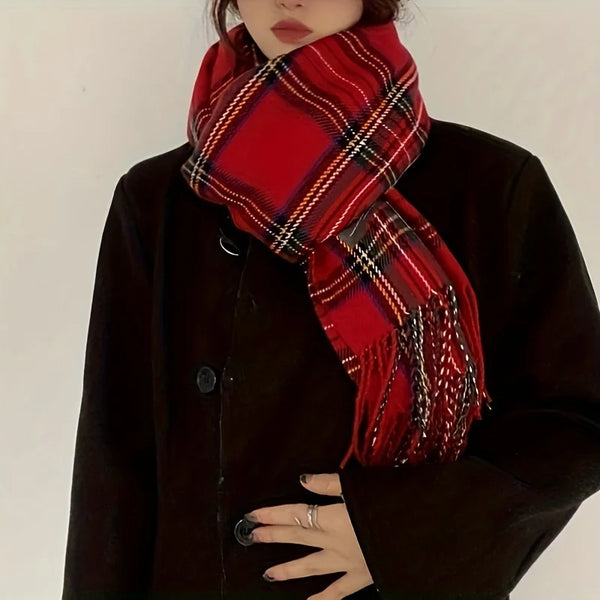 Women's Tartan Plaid Fringed Wrap Scarf