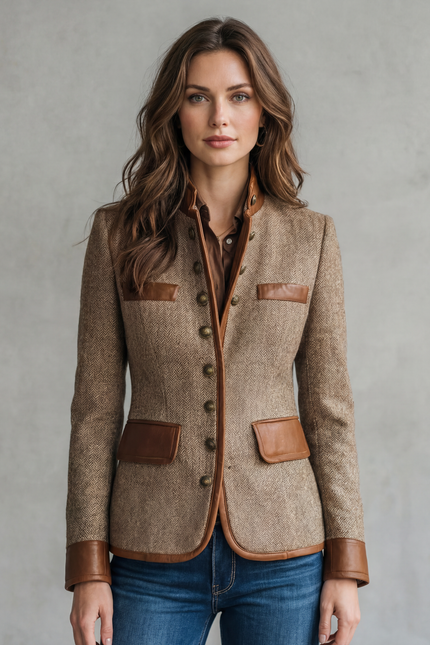 Women's Textured Tailored Blazer with Faux Leather Trim