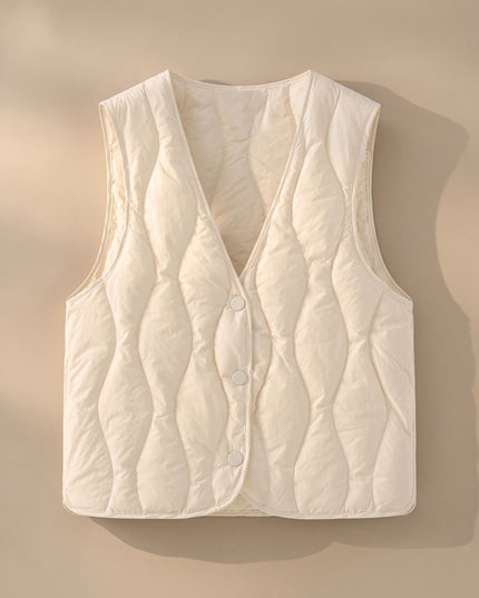 Women's Thermal Puffer Vest with V-Neck and Snap Front