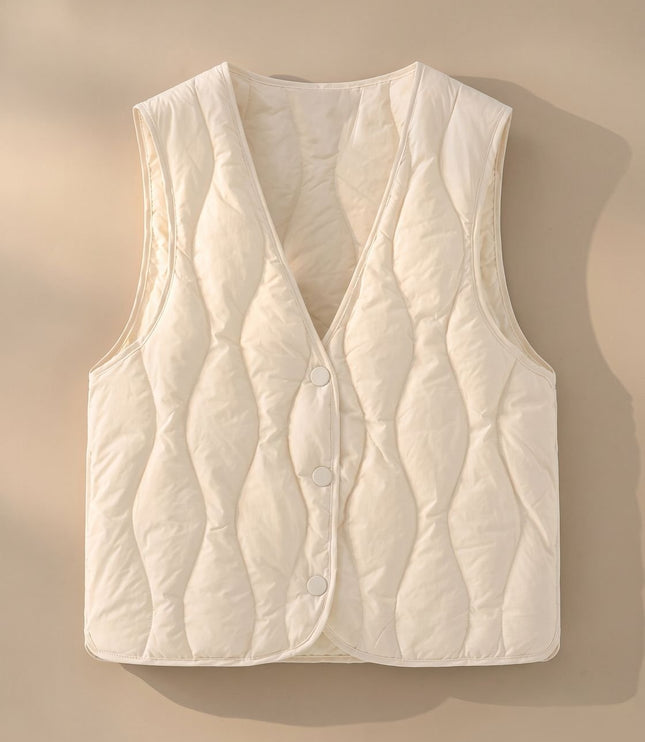 Women's Thermal Puffer Vest with V-Neck and Snap Front