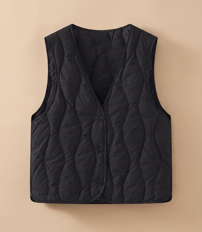 Women's Thermal Puffer Vest with V-Neck and Snap Front