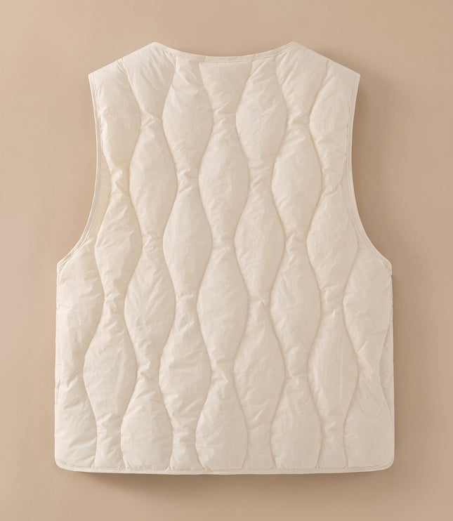 Women's Thermal Puffer Vest with V-Neck and Snap Front