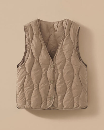 Women's Thermal Puffer Vest with V-Neck and Snap Front