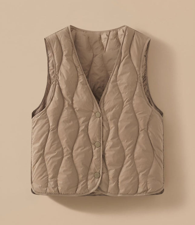 Women's Thermal Puffer Vest with V-Neck and Snap Front