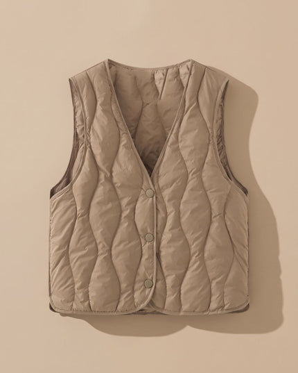 Women's Thermal Puffer Vest with V-Neck and Snap Front