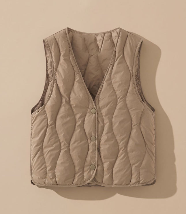 Women's Thermal Puffer Vest with V-Neck and Snap Front