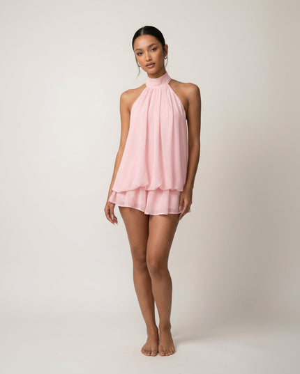 Women's Tiered Halter Swing Mini Dress with Tie-Back