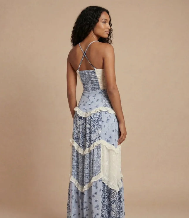 Blue floral maxi dress with cross-back straps and layered ruffles, back view