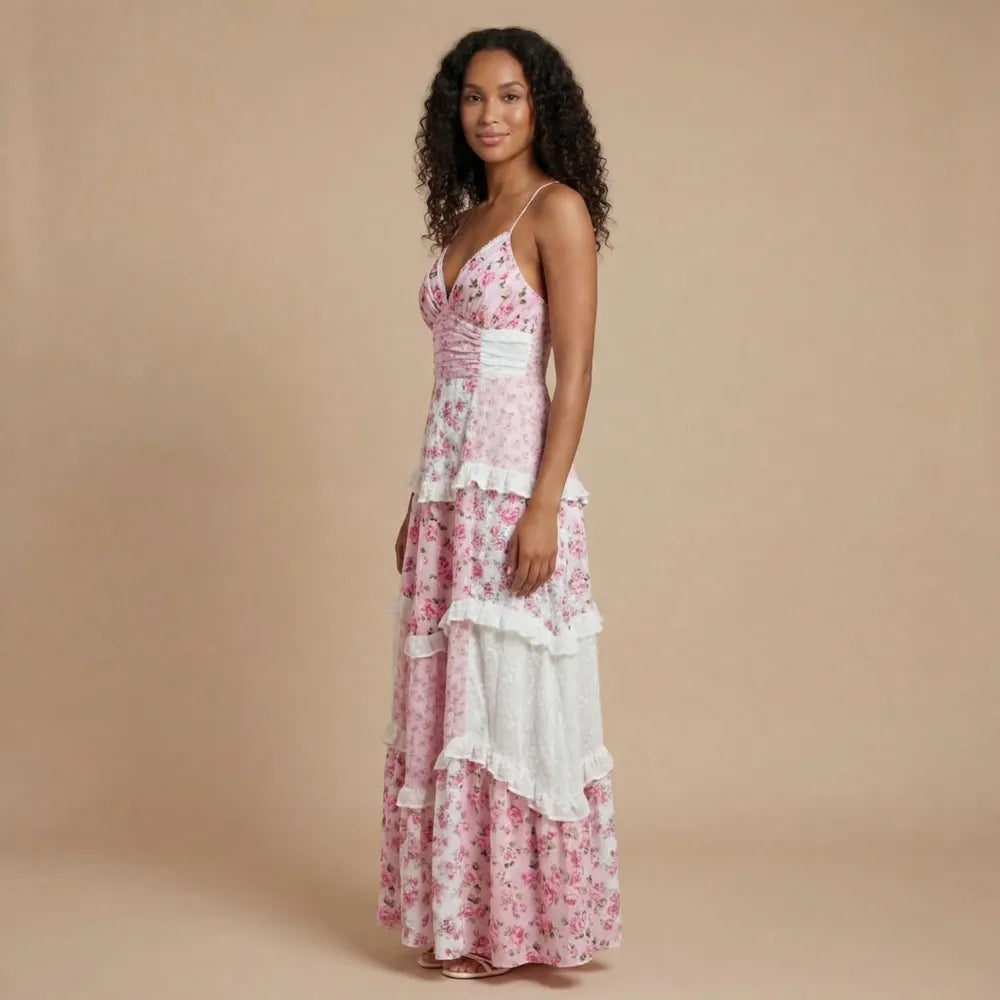 Women's Tiered Ruffle Strapless Evening Maxi Dress - Pink / M - Fashion