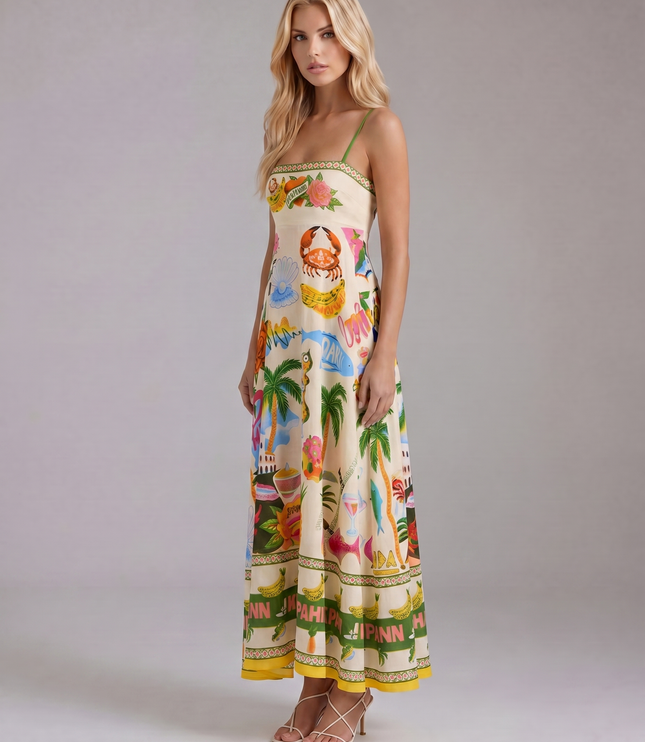 Women's Tropical Print Maxi Dress with Empire Waist
