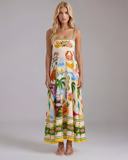 Women's Tropical Print Maxi Dress with Empire Waist