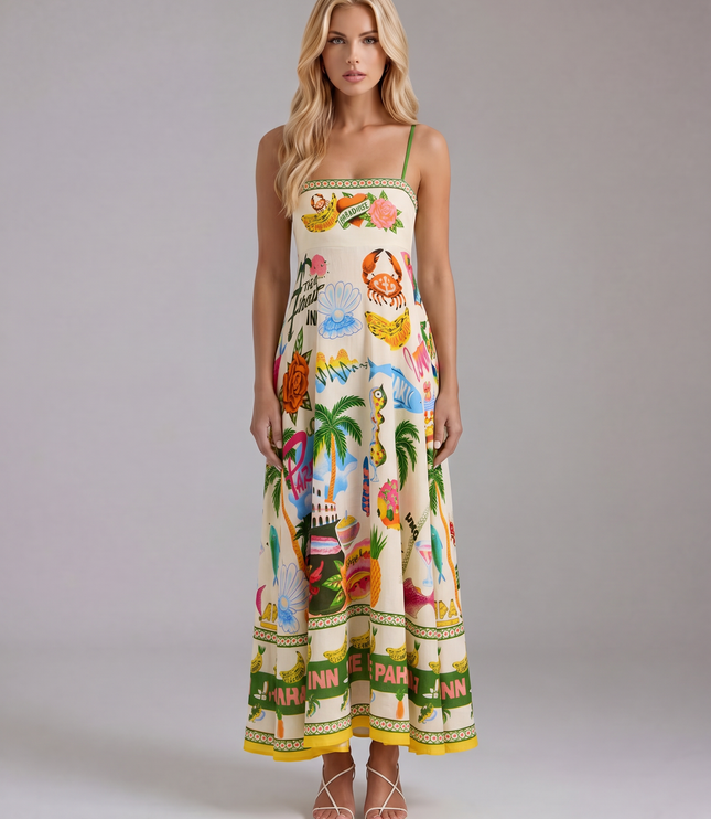 Women's Tropical Print Maxi Dress with Empire Waist