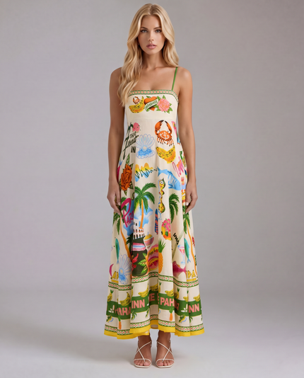 Women's Tropical Print Maxi Dress with Empire Waist