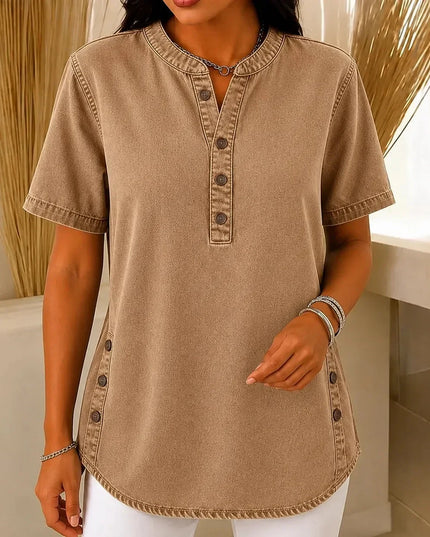 Women's Tunic Top with Short Sleeve Henley Placket