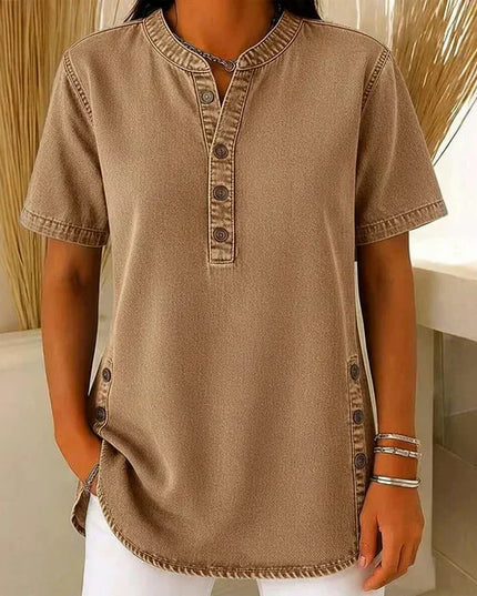 Women's Tunic Top with Short Sleeve Henley Placket