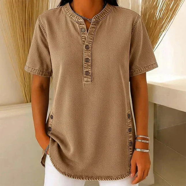 Women's Tunic Top with Short Sleeve Henley Placket