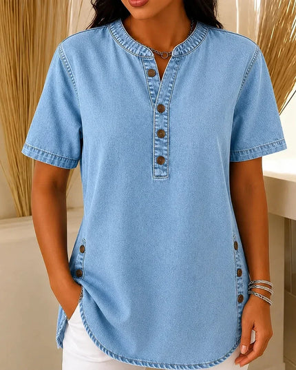 Women's Tunic Top with Short Sleeve Henley Placket